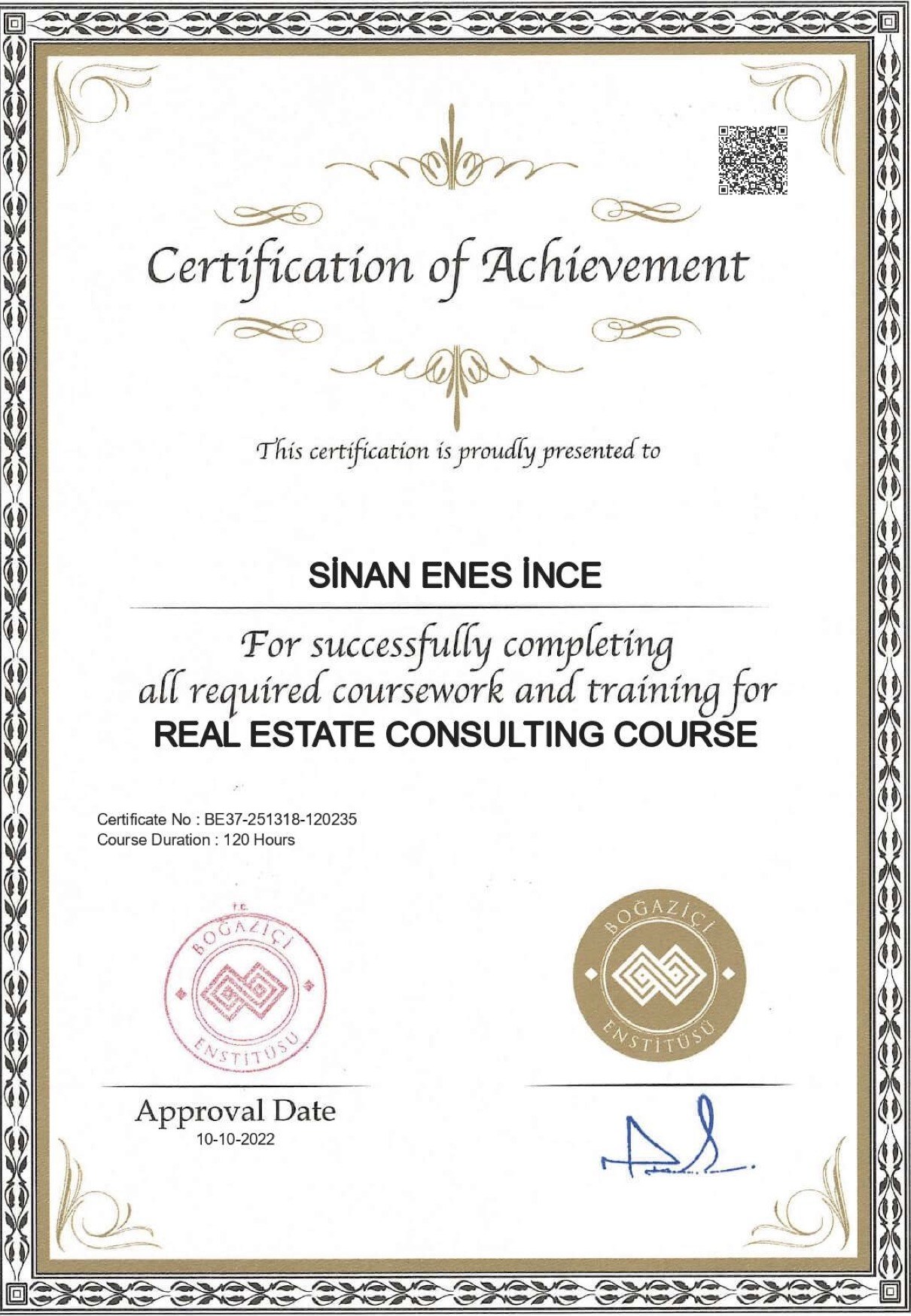 Real Estate Consulting Course certificate