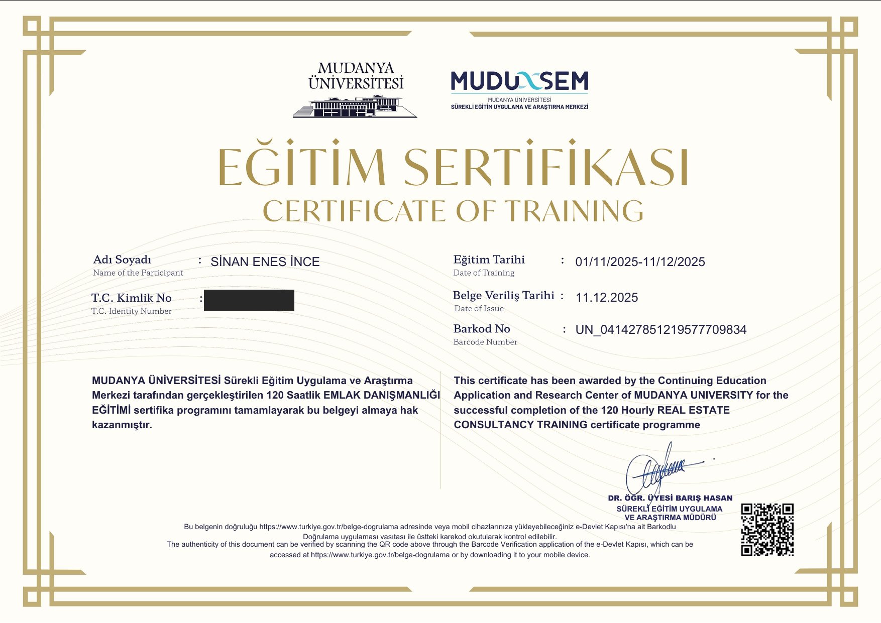 Mudanya Üniversitesi Emlak Danışmanlığı Eğitimi sertifikası