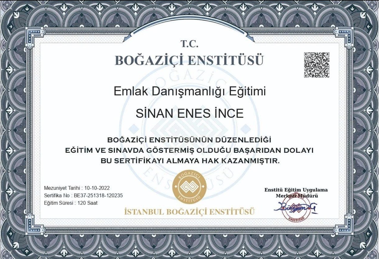 Boğaziçi Enstitüsü Emlak Danışmanlığı Eğitimi sertifikası